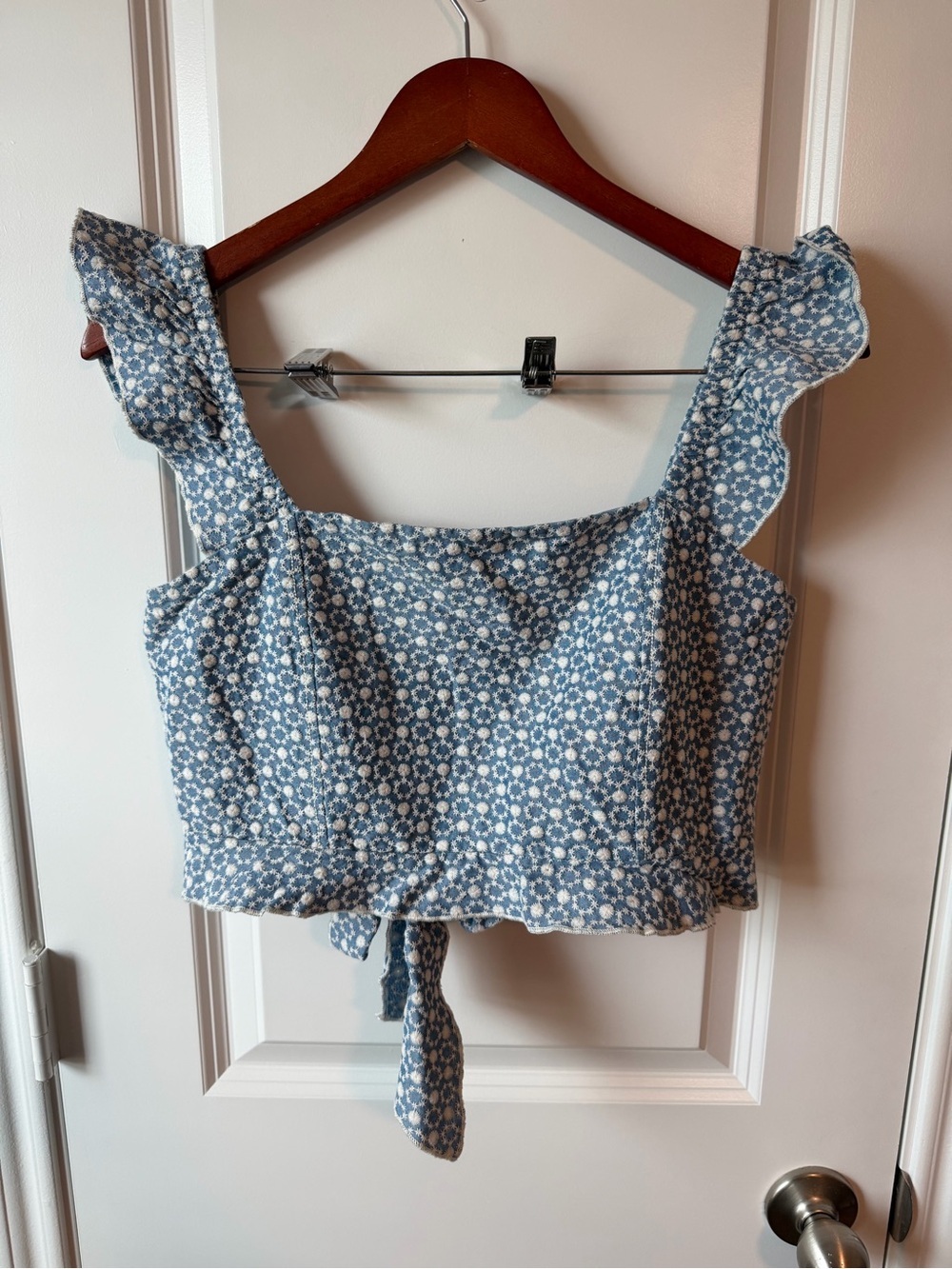 ⚡️Boutique Blue Floral Ruffle-Strap Cropped Top With Tie-Back — 100% Cotton